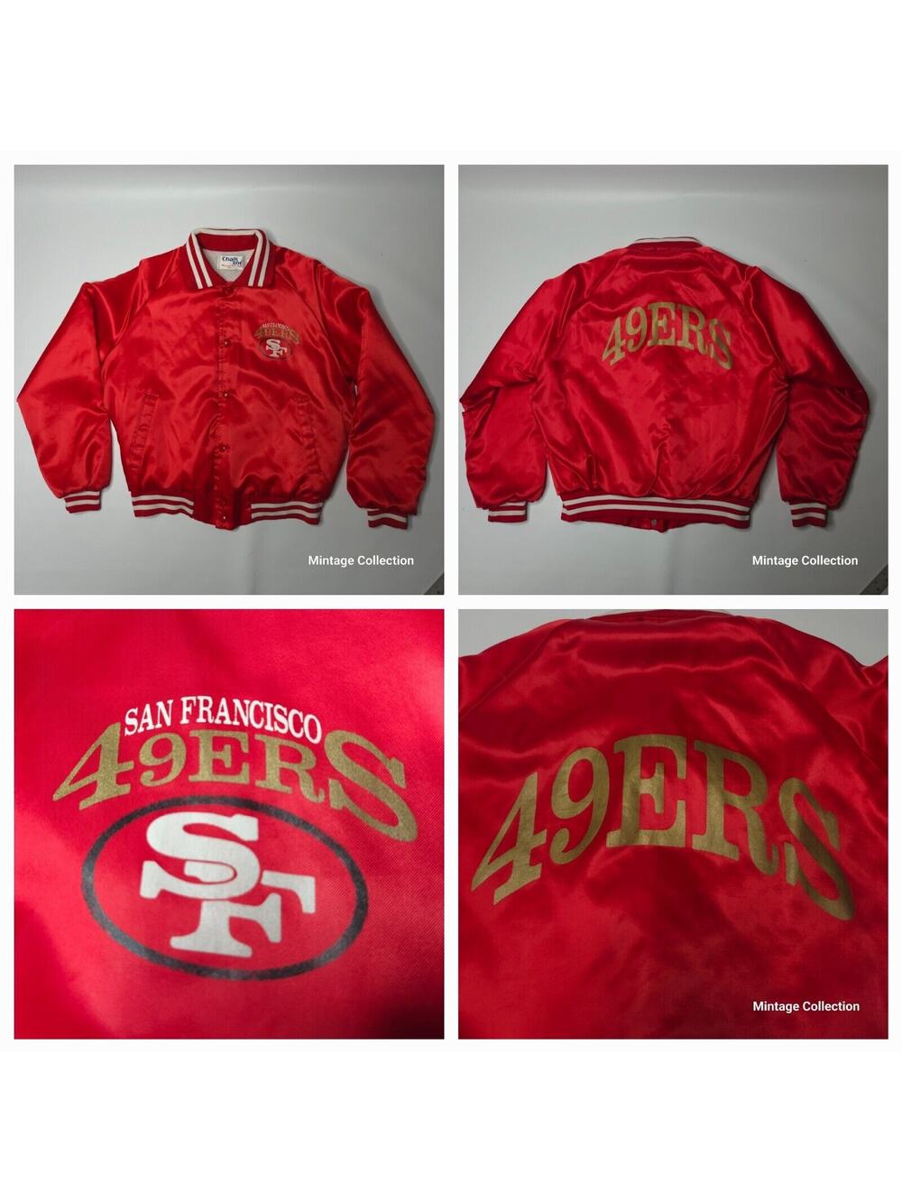 VINTAGE SAN FRANCISCO SF 49ERS CHALK LINE SATIN BOMBER JACKET SIZE M MADE IN USA